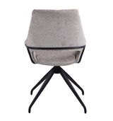 Rückansicht eines modernen Stuhls mit schwarzem Metallgestell und gepolsterter Rückenlehne in Beige.