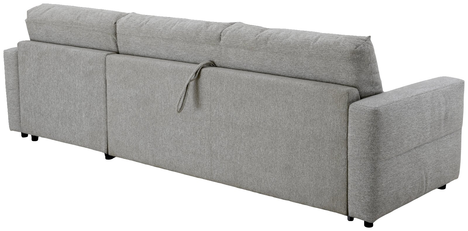 Großes, hellgrau meliertes Polstersofa mit breiten Armlehnen und weichen Rückenkissen, aus schräger Rückansicht freigestellt dargestellt