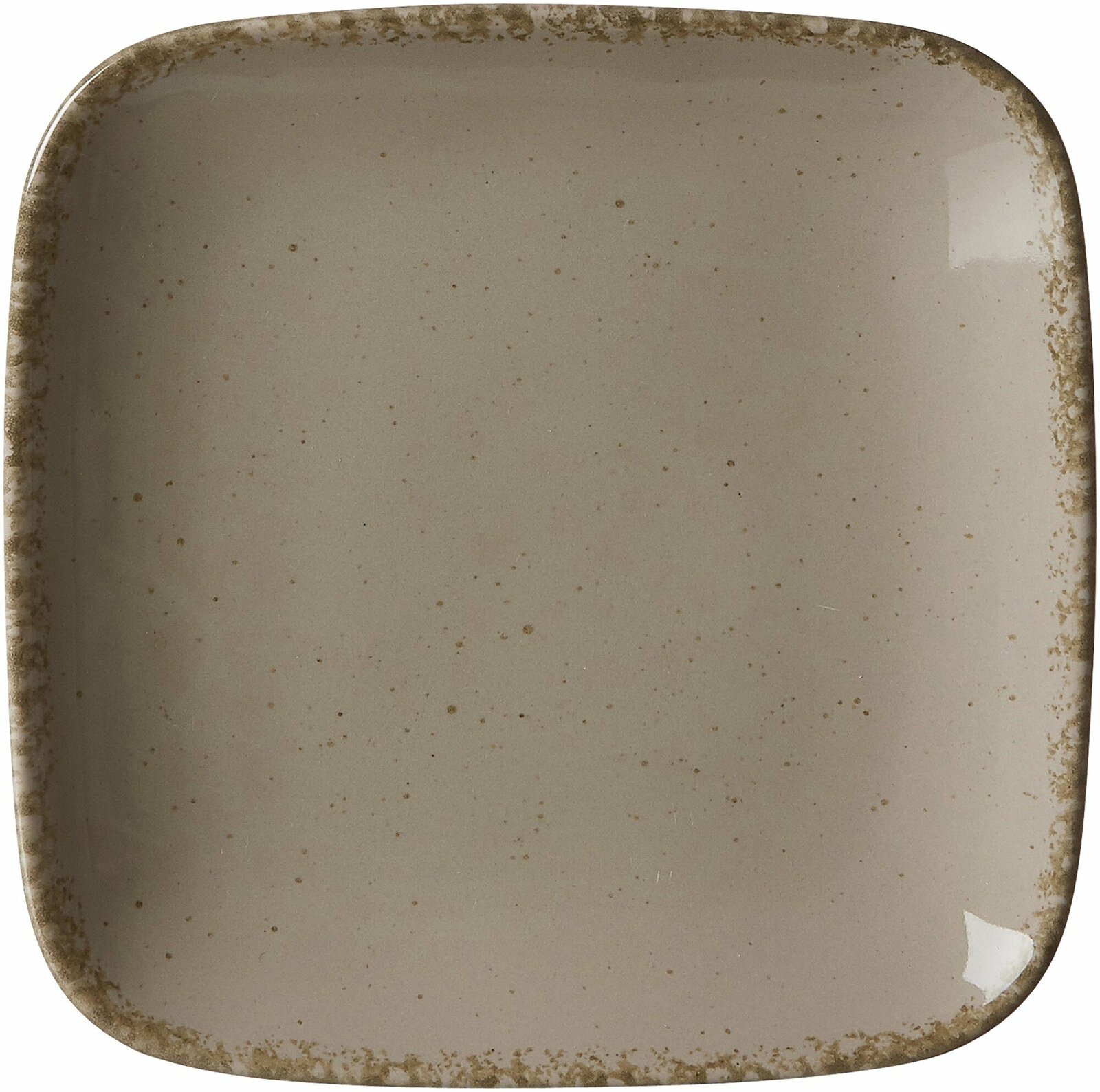 Grauer quadratischer Teller mit gesprenkeltem Rand, Draufsicht