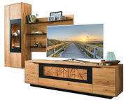 Wandkombination aus Holz mit modernem Design, bestehend aus einem TV-Schrank, einem Hängeschrank und Regalen, frontal betrachtet.