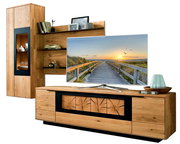 Wandkombination aus Holz mit modernem Design, bestehend aus einem TV-Schrank, einem Hängeschrank und Regalen, frontal betrachtet.