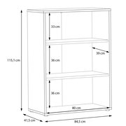 Frontansicht eines breiten Regals mit drei offenen Fächern, Maße: 115,1 cm hoch, 84,5 cm breit, 41,5 cm tief.