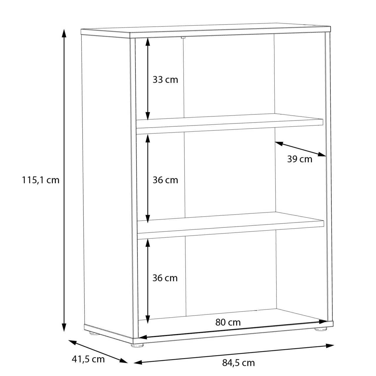 Frontansicht eines breiten Regals mit drei offenen Fächern, Maße: 115,1 cm hoch, 84,5 cm breit, 41,5 cm tief.