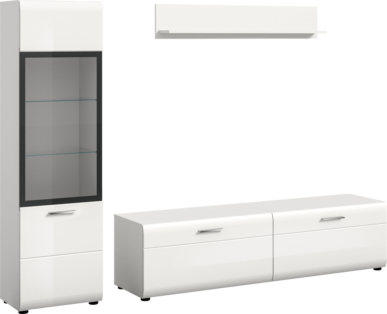 MID.YOU Wohnkombination ICE Modernes weißes Wohnzimmermöbel-Set mit hoher Vitrine mit Glastür und Glasböden, niedrigem TV-Lowboard mit zwei Klappen und Wandregal, dargestellt in Frontansicht mit leichter Schrägperspektive