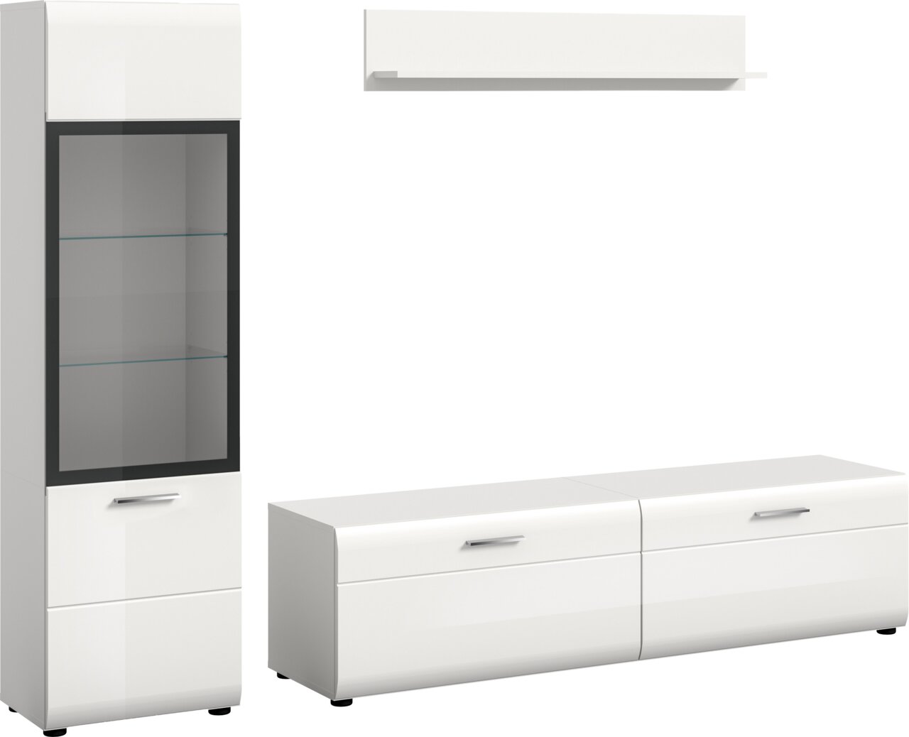 Modernes weißes Wohnzimmermöbel-Set mit hoher Vitrine mit Glastür und Glasböden, niedrigem TV-Lowboard mit zwei Klappen und Wandregal, dargestellt in Frontansicht mit leichter Schrägperspektive
