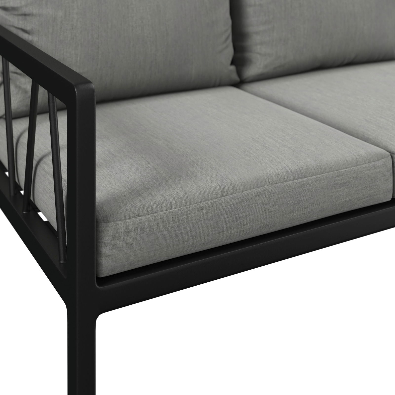 Nahaufnahme einer modernen Gartenbank mit grauen Kissen und schwarzem Metallrahmen, seitliche Perspektive.