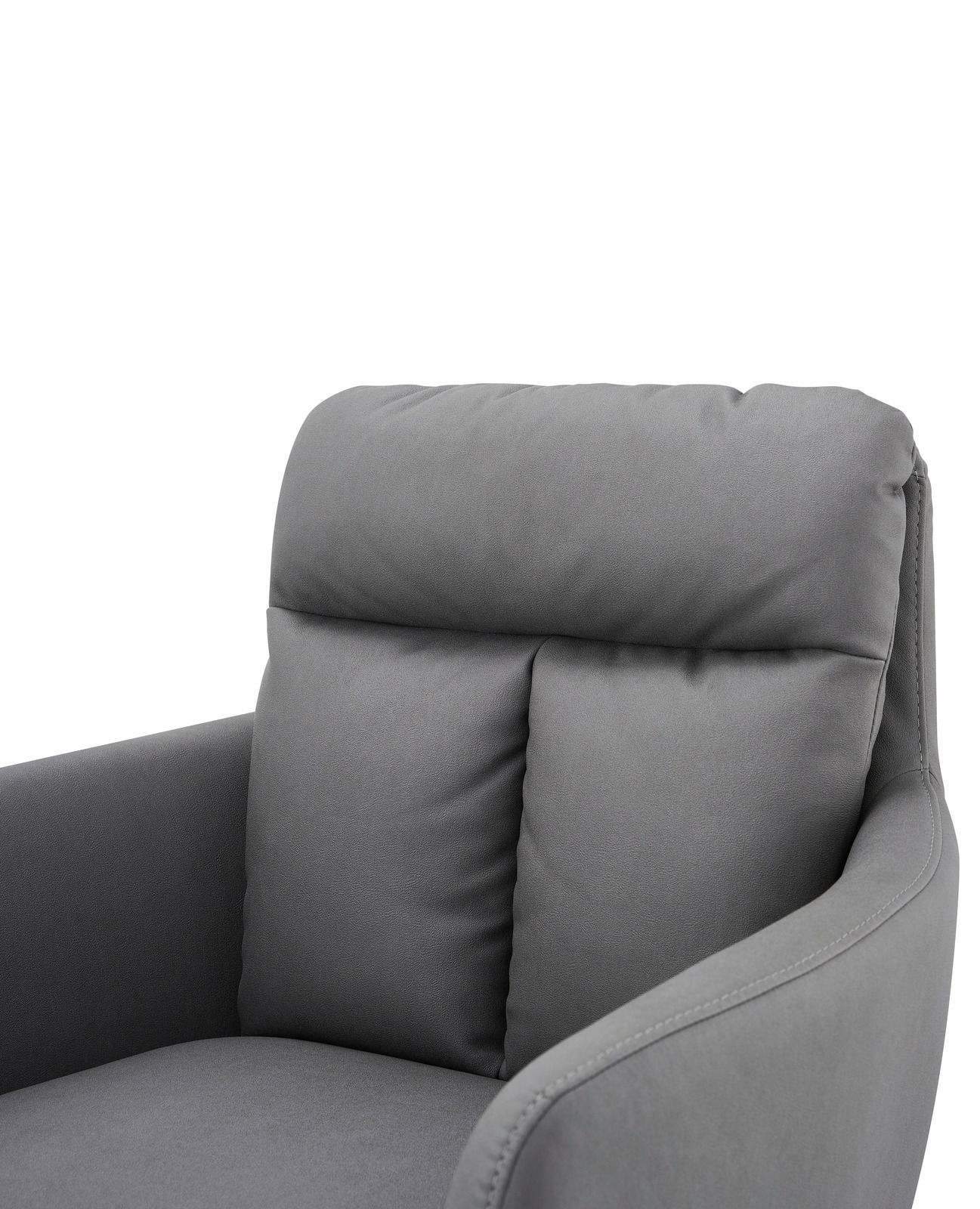 Grauer Armlehnstuhl aus der Seitenperspektive mit gepolsterter Rückenlehne und Armlehnen.