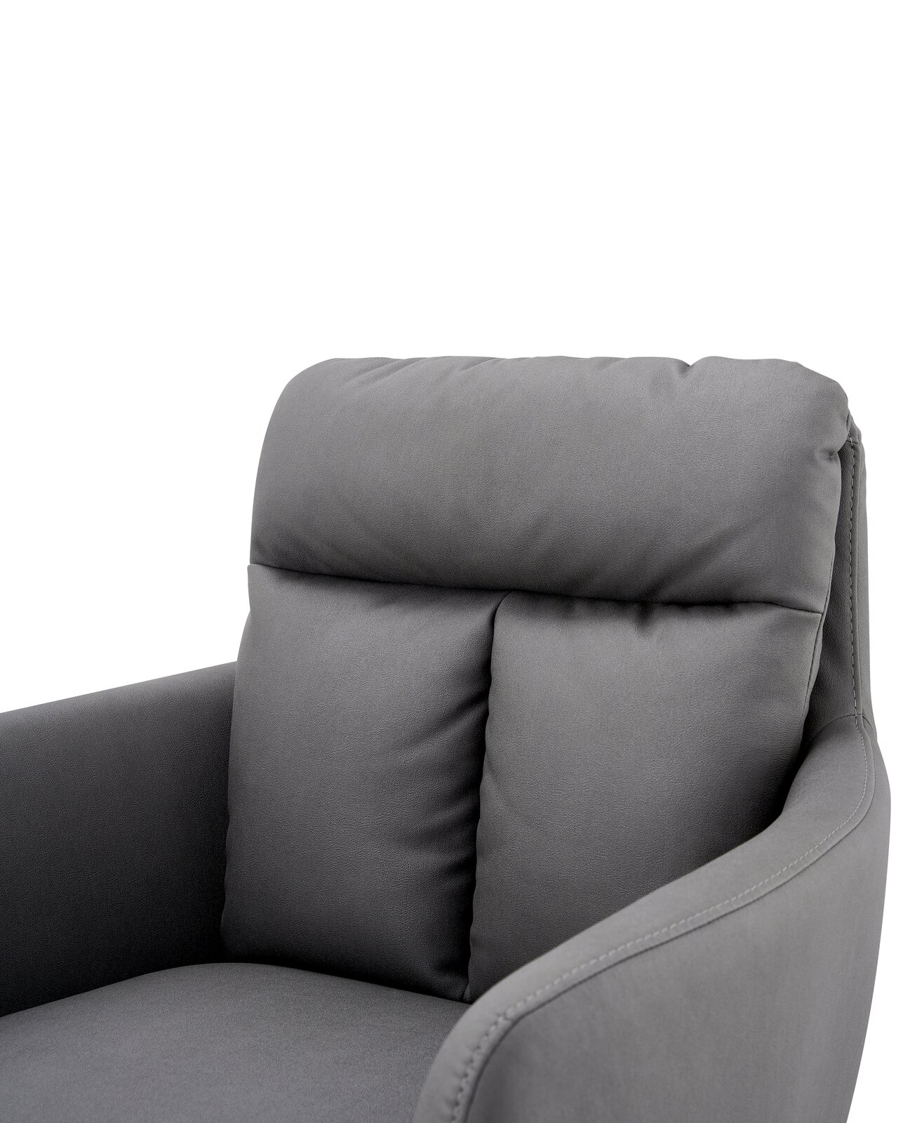 Grauer Armlehnstuhl aus der Seitenperspektive mit gepolsterter Rückenlehne und Armlehnen.