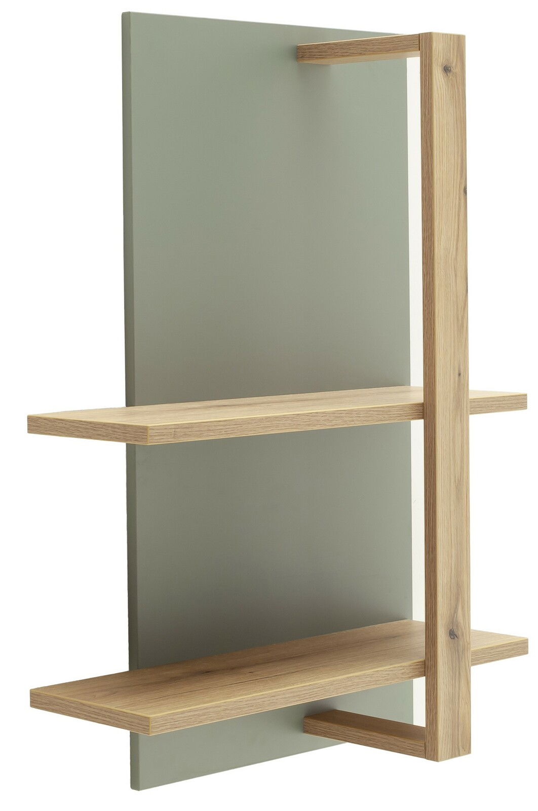 Modernes Wandregal mit zwei Holzböden und einer grünen Rückwand, seitliche Perspektive