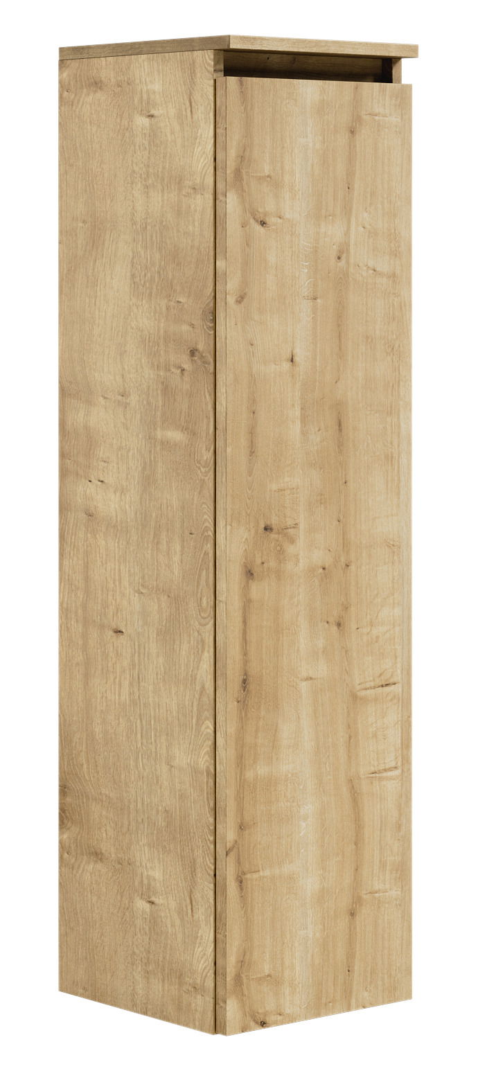 Hochschrank aus Holz in Eichenoptik, seitliche Perspektive