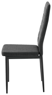 Seitenansicht eines modernen grauen Stuhls mit gepolsterter Sitzfläche und Rückenlehne auf schwarzen Metallbeinen.