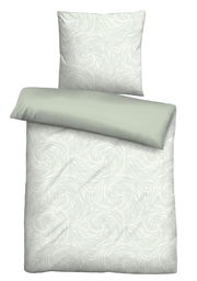 Bettwäsche-Set in hellem Grün mit spiralförmigem Muster, bestehend aus einem Kissenbezug und einem Bettdeckenbezug, aus der Vogelperspektive.