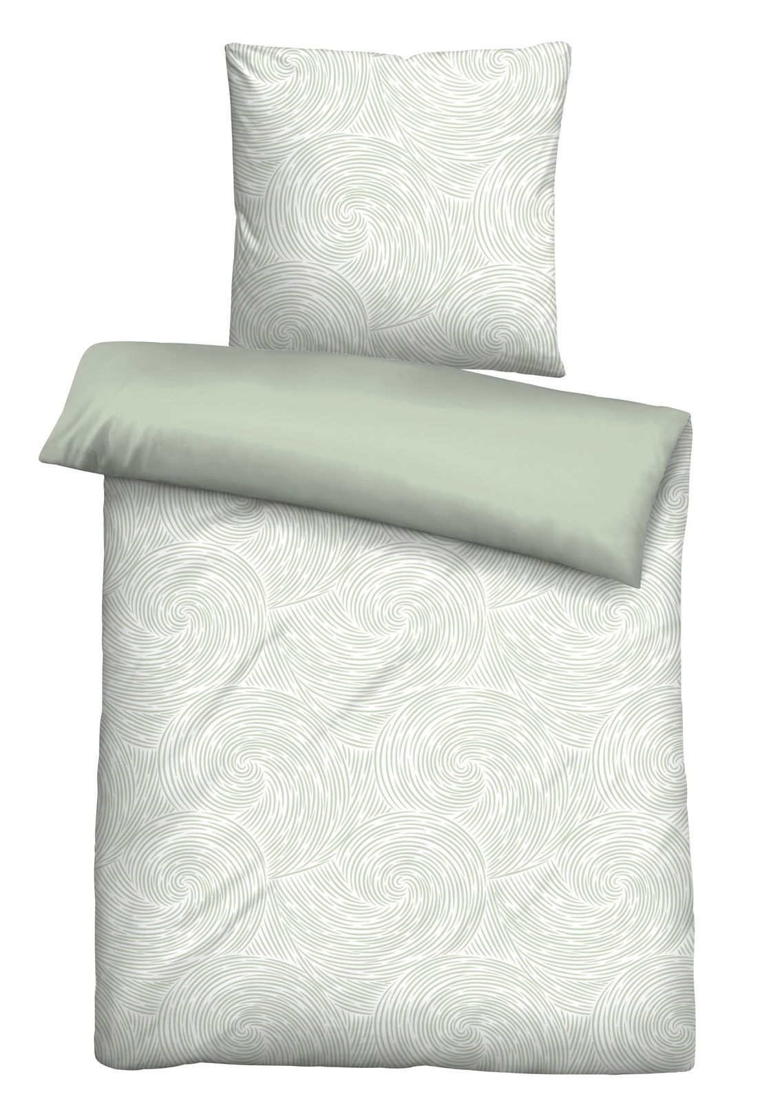 Bettwäsche-Set in hellem Grün mit spiralförmigem Muster, bestehend aus einem Kissenbezug und einem Bettdeckenbezug, aus der Vogelperspektive.