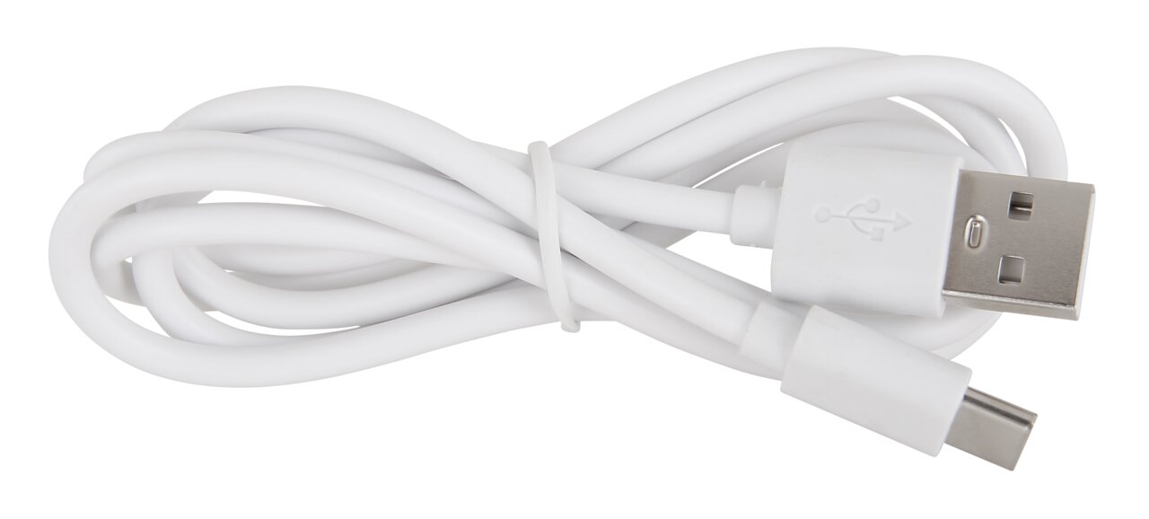 Weißes USB-Kabel mit USB-A- und USB-C-Stecker, von oben gesehen