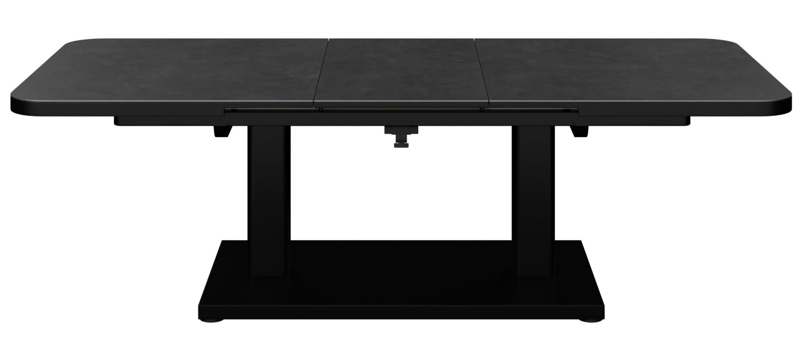 Moderner schwarzer Gartentisch aus Metall mit rechteckiger Tischplatte, frontal betrachtet.