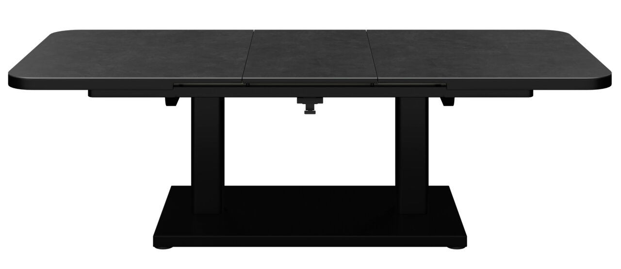 Moderner schwarzer Gartentisch aus Metall mit rechteckiger Tischplatte, frontal betrachtet.