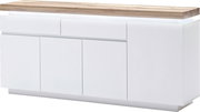 Modernes XL-Sideboard in Weiß mit Holzplatte, frontal betrachtet