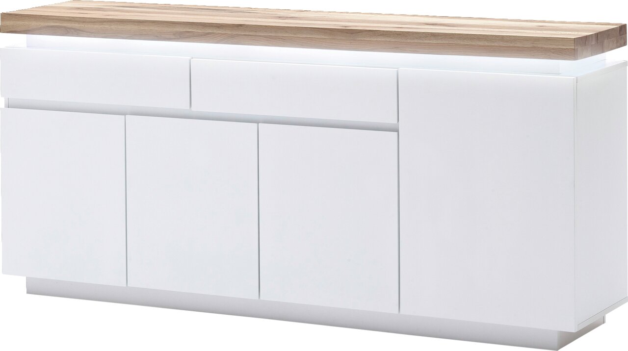 Novel XL-Sideboard ROMINA Modernes XL-Sideboard in Weiß mit Holzplatte, frontal betrachtet