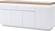 Modernes XL-Sideboard in Weiß mit Holzplatte, frontal betrachtet