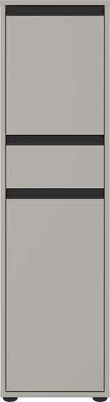 Moderner grauer Schrank mit zwei schwarzen horizontalen Griffleisten, Frontalansicht.