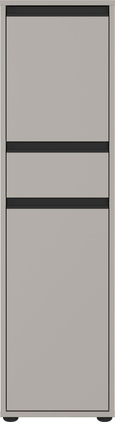 Moderner grauer Schrank mit zwei schwarzen horizontalen Griffleisten, Frontalansicht.