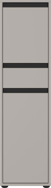 Moderner grauer Schrank mit zwei schwarzen horizontalen Griffleisten, Frontalansicht.