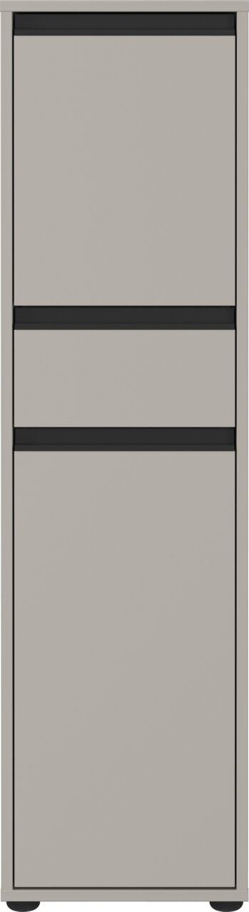 Moderner grauer Schrank mit zwei schwarzen horizontalen Griffleisten, Frontalansicht.