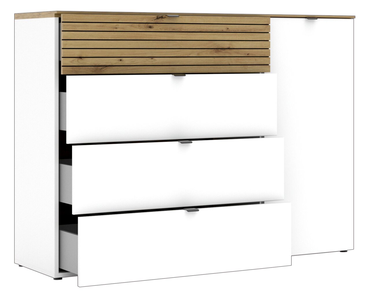 Kombi-Kommode Voleo DIANA in weiß mit Holzdetails, drei Schubladen und einer Tür, seitliche Perspektive