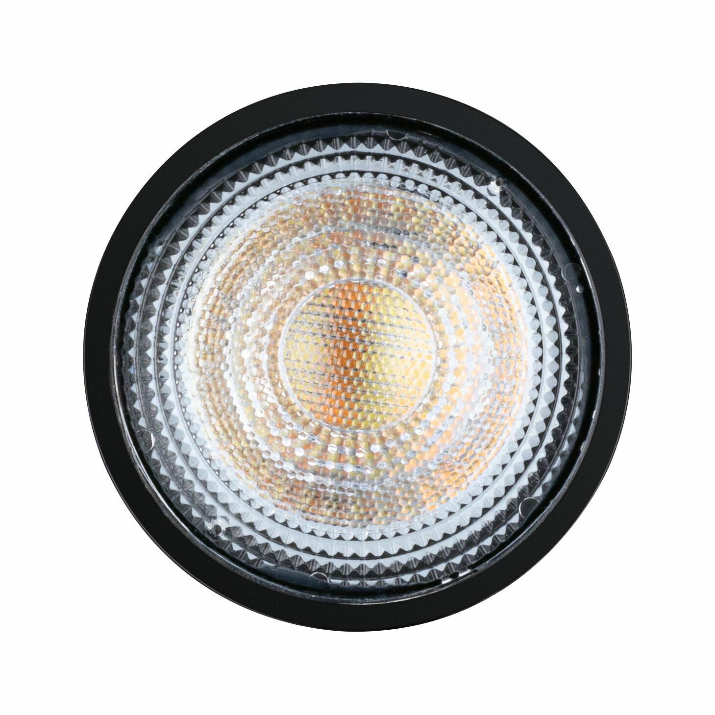 LED Leuchtmittel von oben betrachtet, mit kreisförmigem, strukturiertem Design und schwarzem Rand.