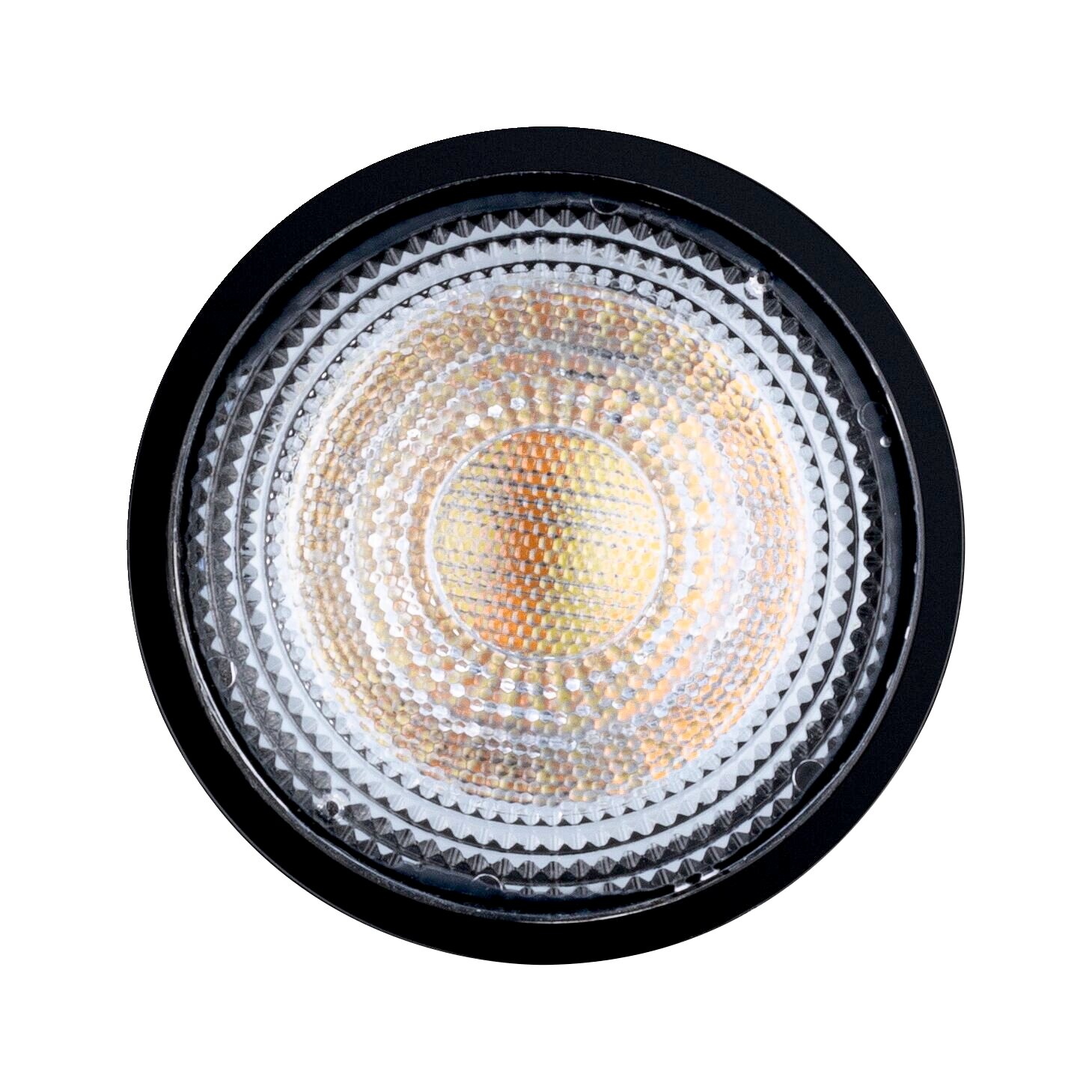 LED-lamp van bovenaf gezien, met een cirkelvormig, gestructureerd ontwerp en een zwarte rand.