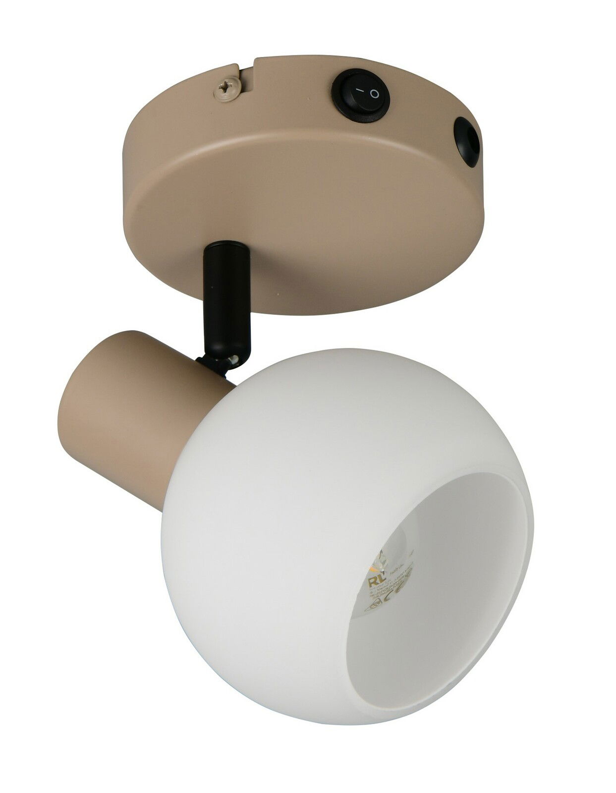 Deckenstrahler mit rundem, weißem Lampenschirm und beigem Sockel, seitliche Perspektive