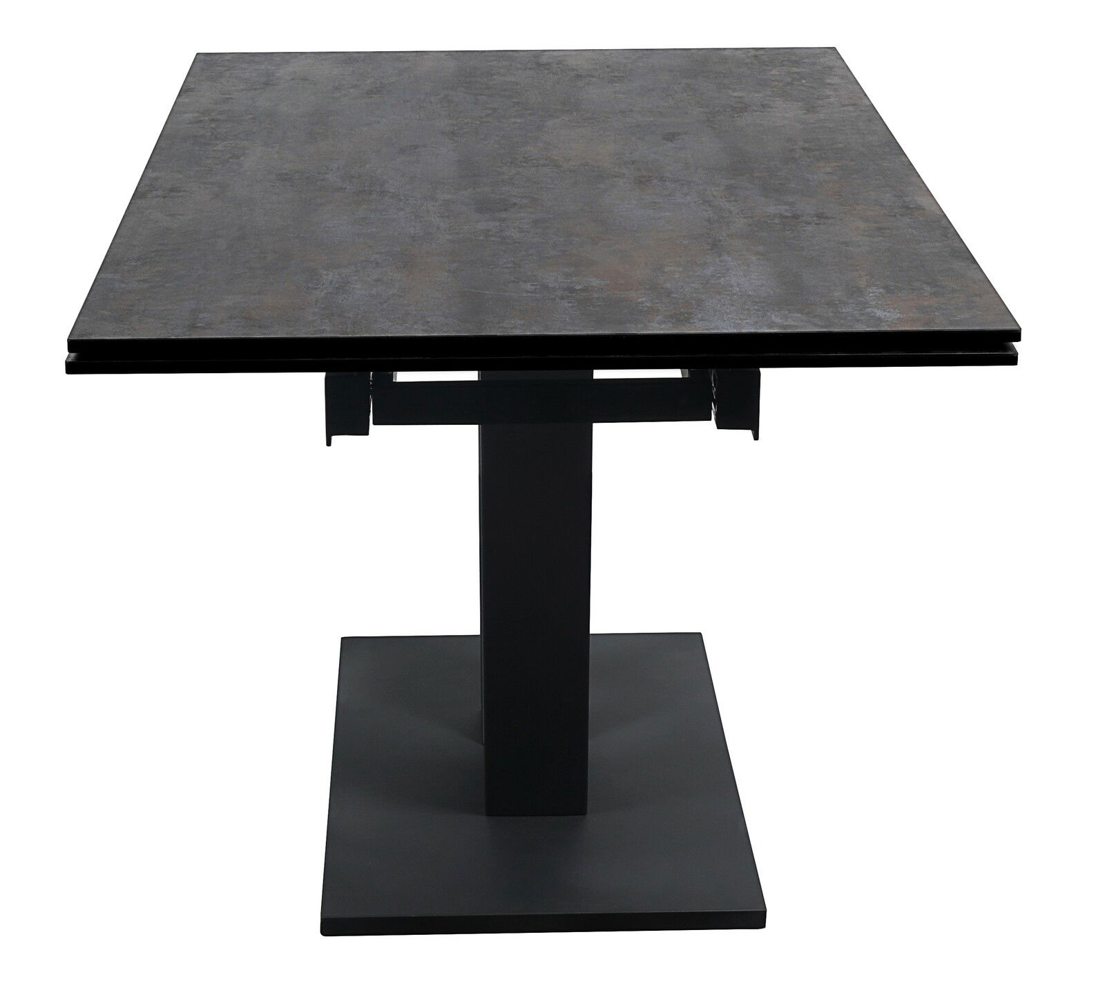Moderner Esstisch mit dunkler Tischplatte und stabilem, quadratischem Fuß, Frontalansicht