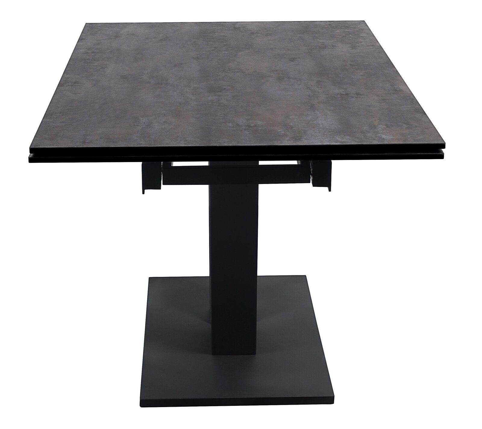 Moderner Esstisch mit dunkler Tischplatte und stabilem, quadratischem Fuß, Frontalansicht
