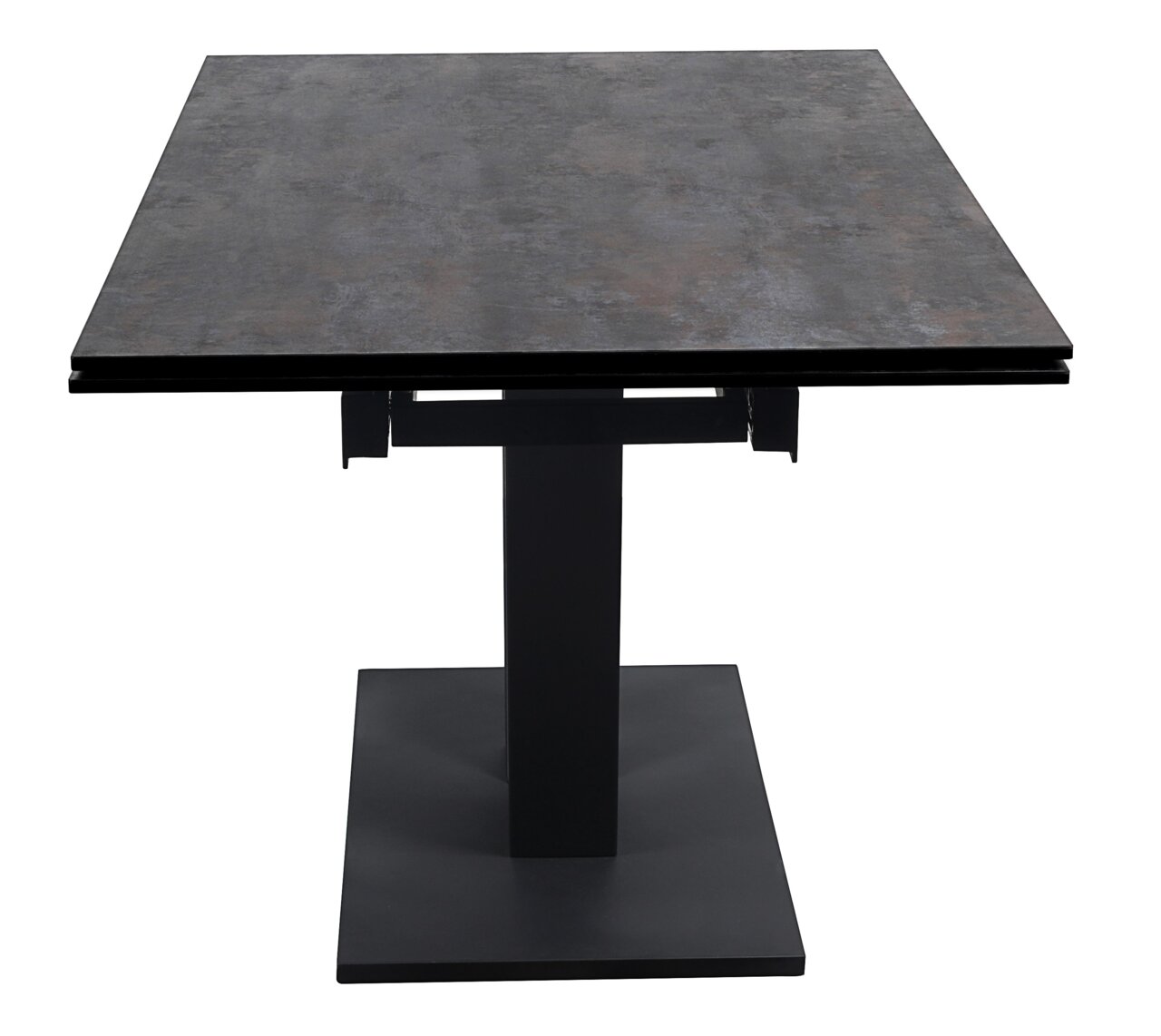 Moderner Esstisch mit dunkler Tischplatte und stabilem, quadratischem Fuß, Frontalansicht