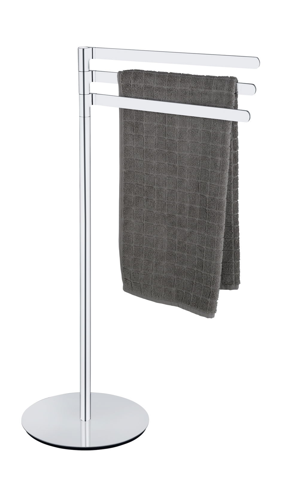 Wenko Handtuchständer POLVANO Moderner Handtuchständer aus Edelstahl mit drei Armen, seitliche Perspektive, mit einem grauen Handtuch behängt.