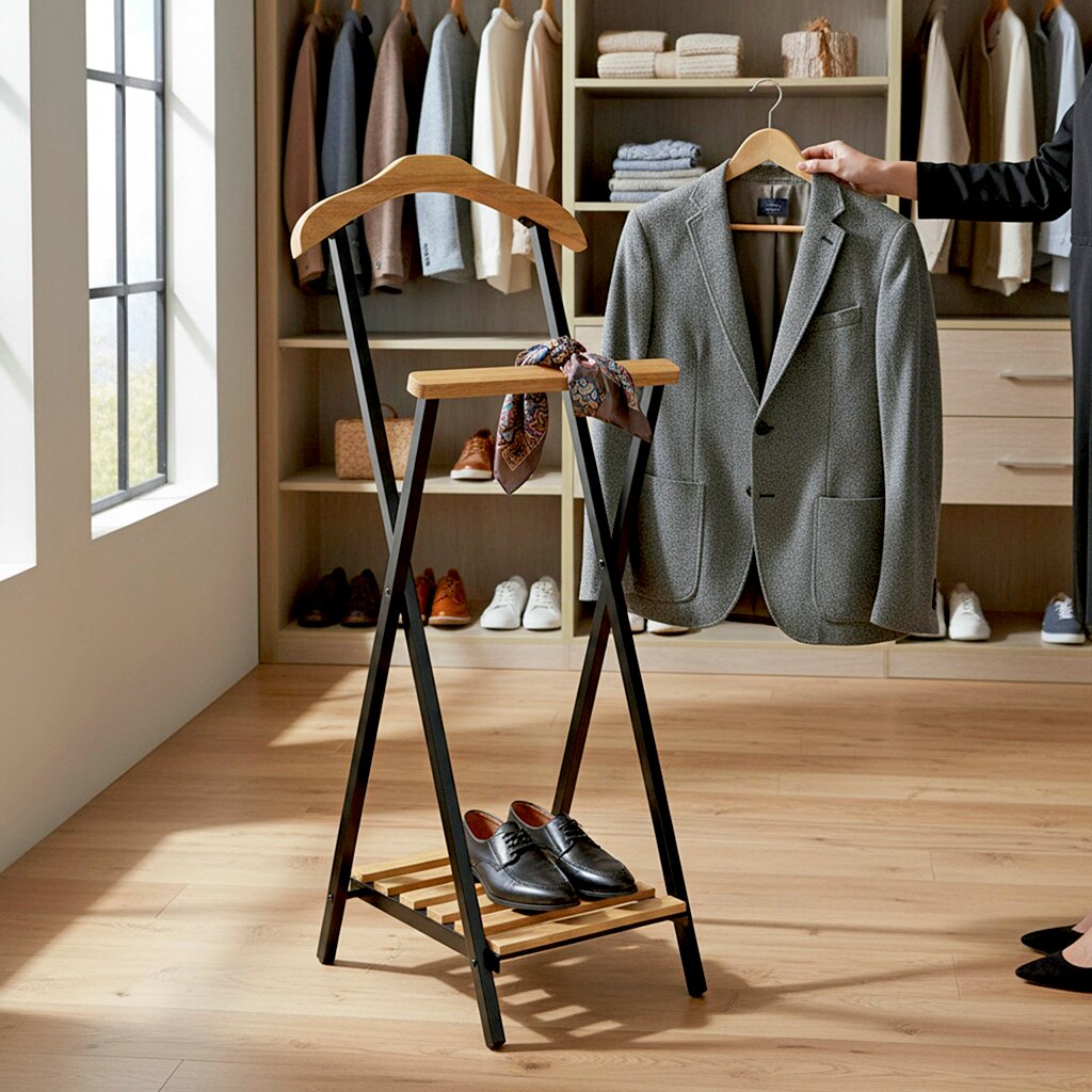 Kleiderständer im Leiter-Design mit Holzstange und schwarzem Metallgestell, vorne in 3/4-Ansicht; daran hängt ein graues Sakko auf einem Bügel, unten steht ein Paar schwarze Lederschuhe, im Hintergrund ein begehbarer Kleiderschrank.