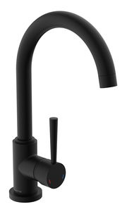 Schwarze Spültischarmatur mit gebogenem Auslauf, seitlicher Hebel, Ansicht von vorne
