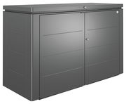 Graues Highboard mit zwei Türen, seitliche Perspektive