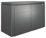 Graues Highboard mit zwei Türen, seitliche Perspektive
