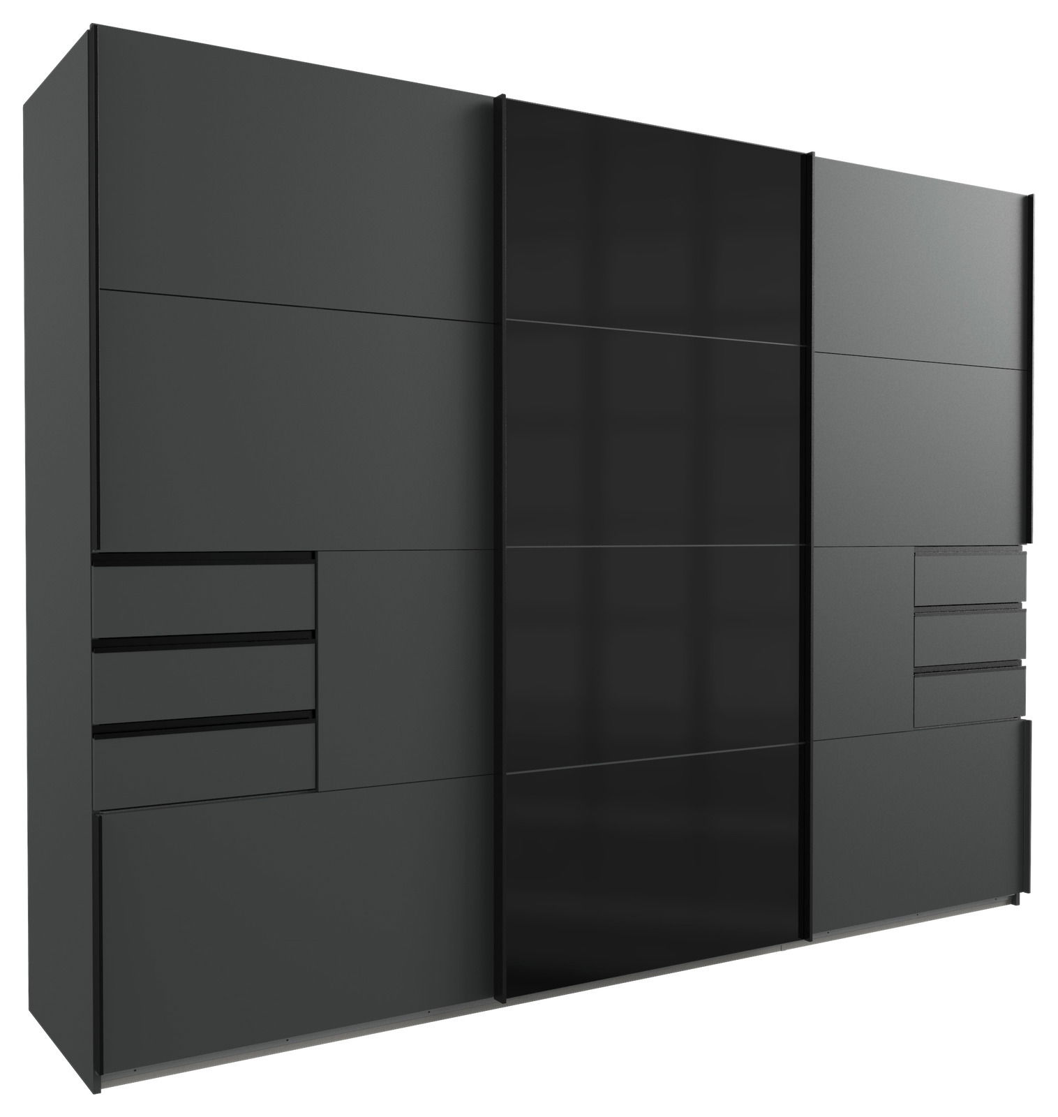 Moderner Schwebetürenschrank mit drei Türen in dunklem Design, seitliche Perspektive