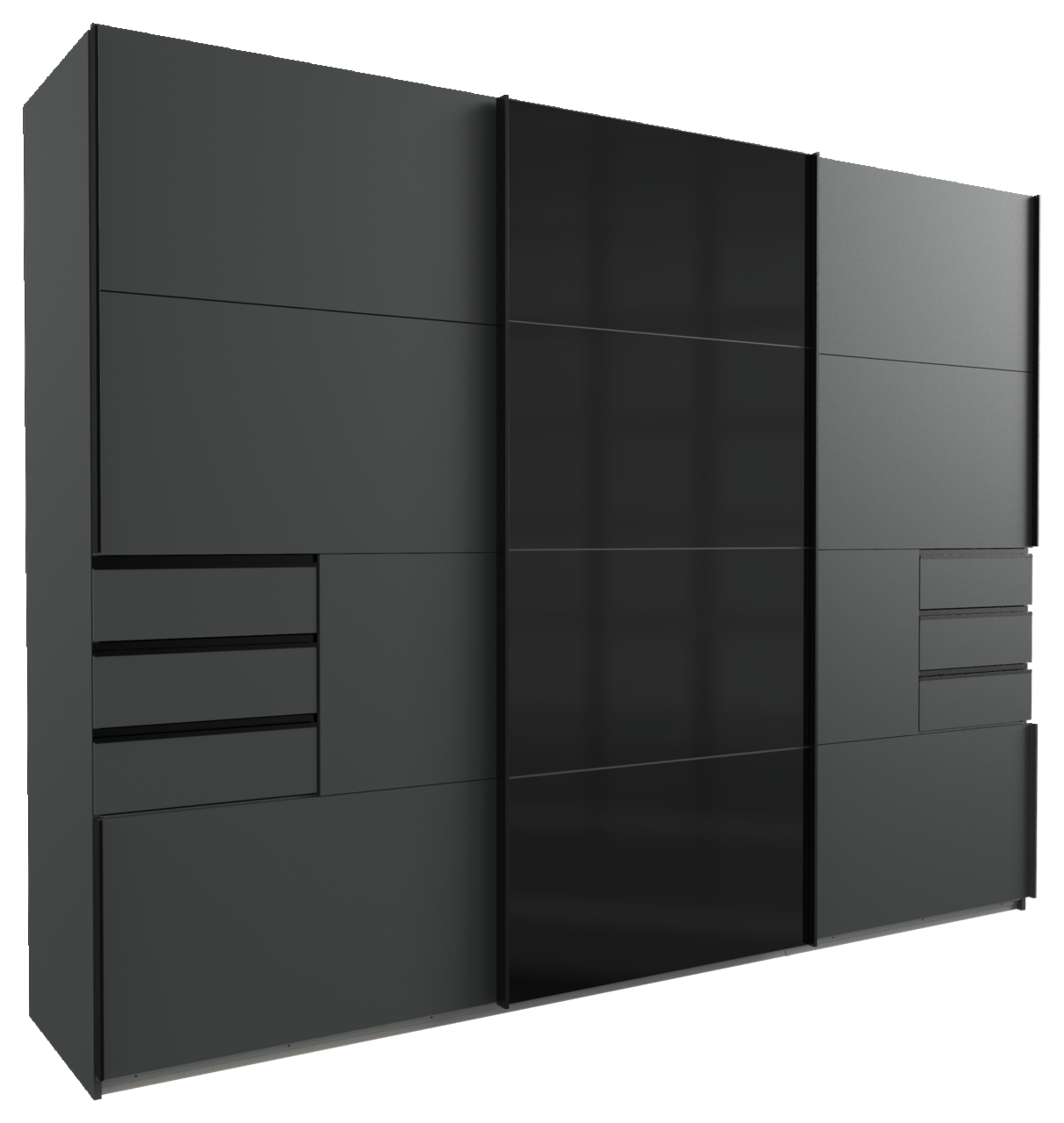 Z2 Schwebetürenschrank 3trg. Saigon Moderner Schwebetürenschrank mit drei Türen in dunklem Design, seitliche Perspektive