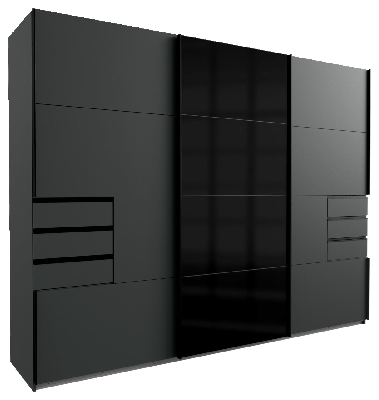 Z2 Schwebetürenschrank 3trg. Saigon Moderner Schwebetürenschrank mit drei Türen in dunklem Design, seitliche Perspektive