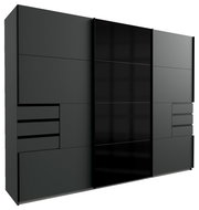 Moderner Schwebetürenschrank mit drei Türen in dunklem Design, seitliche Perspektive