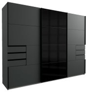 Moderner Schwebetürenschrank mit drei Türen in dunklem Design, seitliche Perspektive