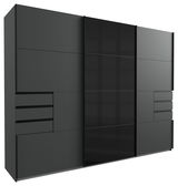 Moderner Schwebetürenschrank mit drei Türen in dunklem Design, seitliche Perspektive