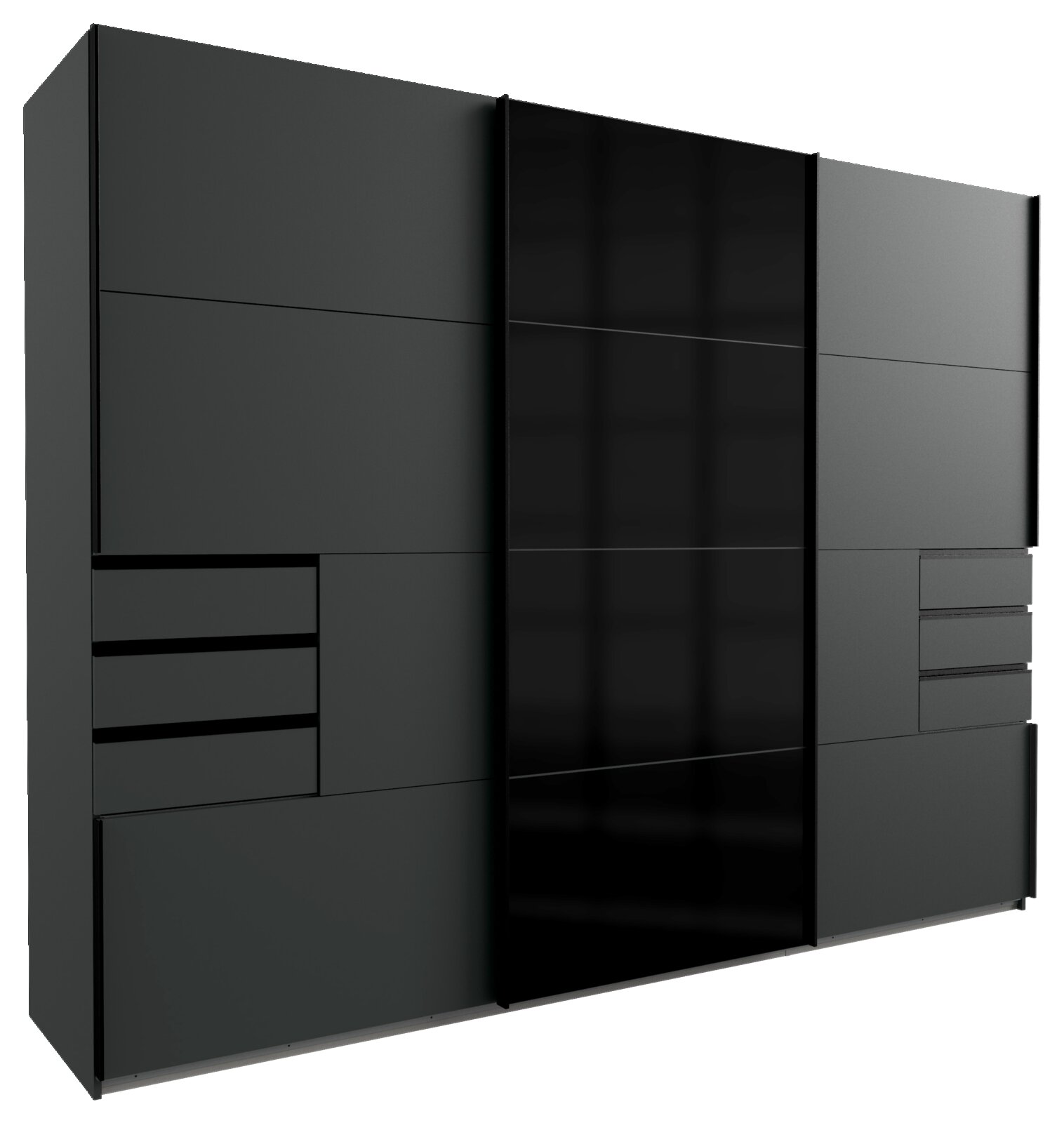 Moderner Schwebetürenschrank mit drei Türen in dunklem Design, seitliche Perspektive