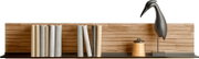 Houten plank met boeken, een zwart vogelbeeldje en een klein bakje, zijaanzicht