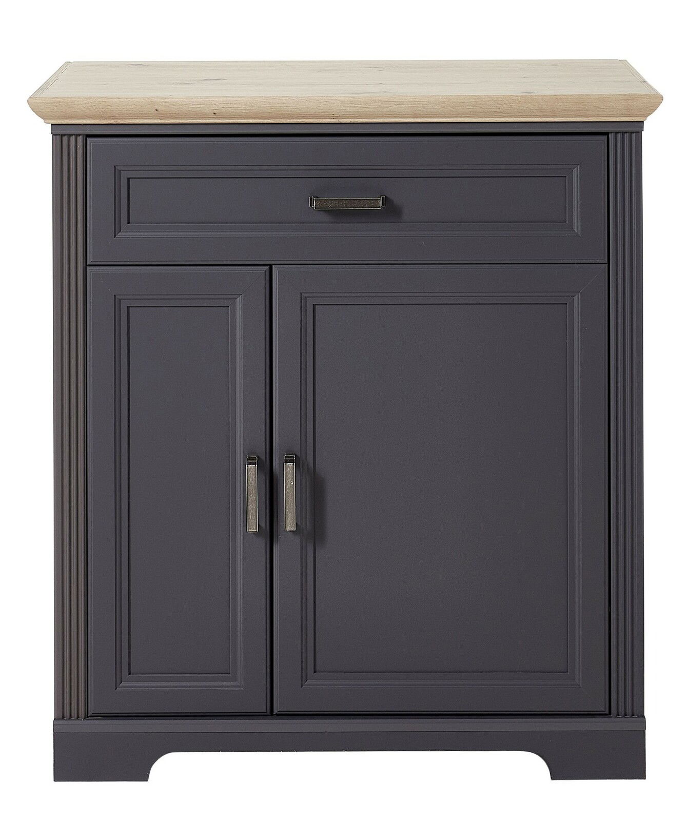 Schuhschrank mit dunkler Front und heller Holzplatte, Frontalansicht