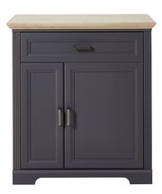 Schuhschrank mit dunkler Front und heller Holzplatte, Frontalansicht