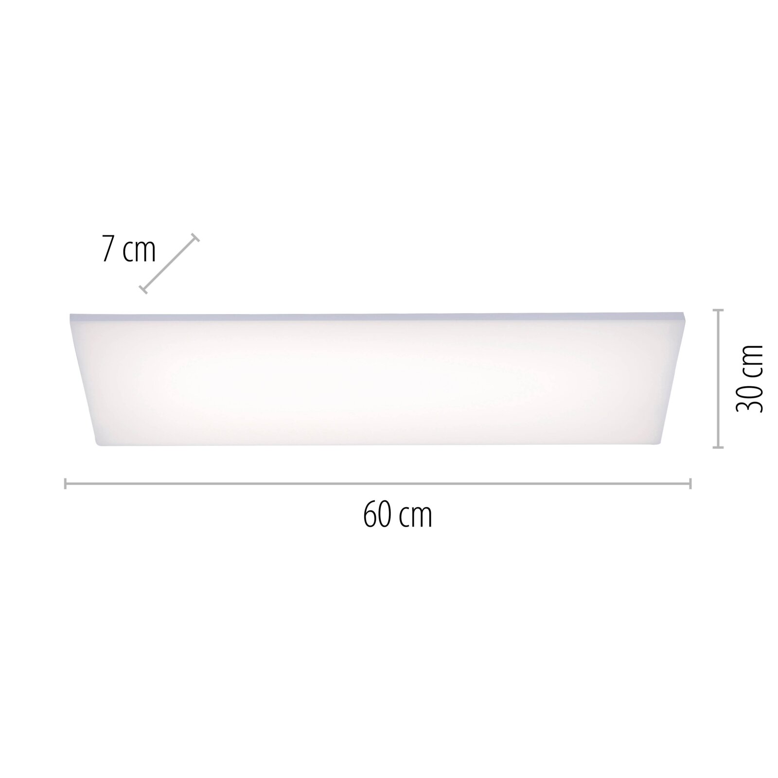 Weiße, rechteckige Wanne/Schale mit leicht schrägen Seiten, Seitenansicht; Maße: 60 cm Länge, 30 cm Höhe, 7 cm Randbreite.